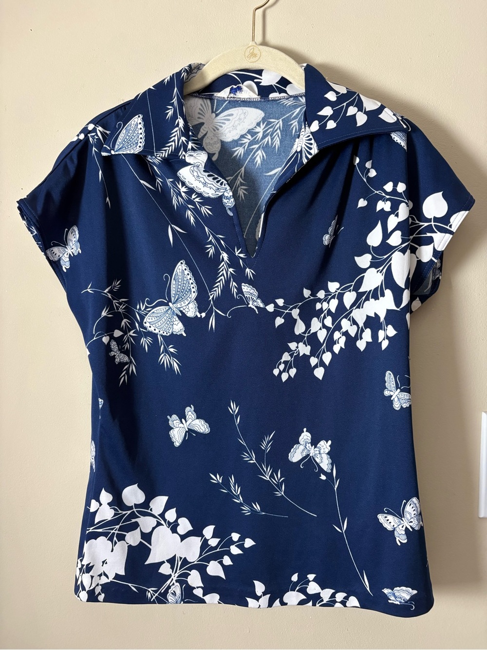 Vintage Blue Floral & Butterfly Short Sleeve Polo Top